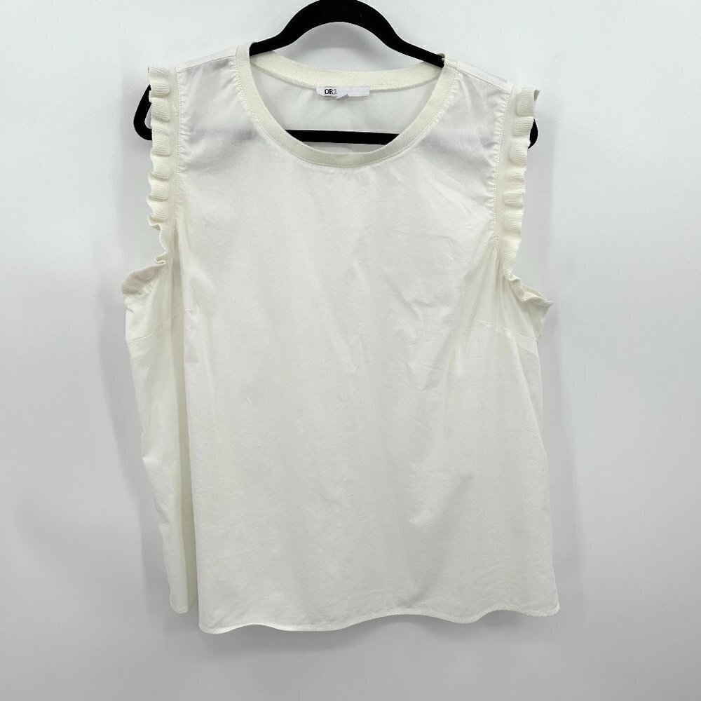 DANIEL RAINN White Ruffle Sleeve Crew Neck Lightweight Boxy Shirt Blouse Size XL